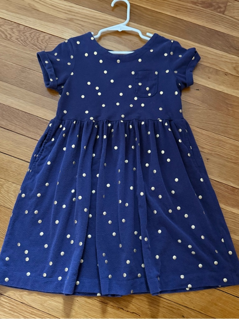 Mini Boden 7-8Y Navy/Gold Foil Dot Soft Jersey Dress w/Pockets